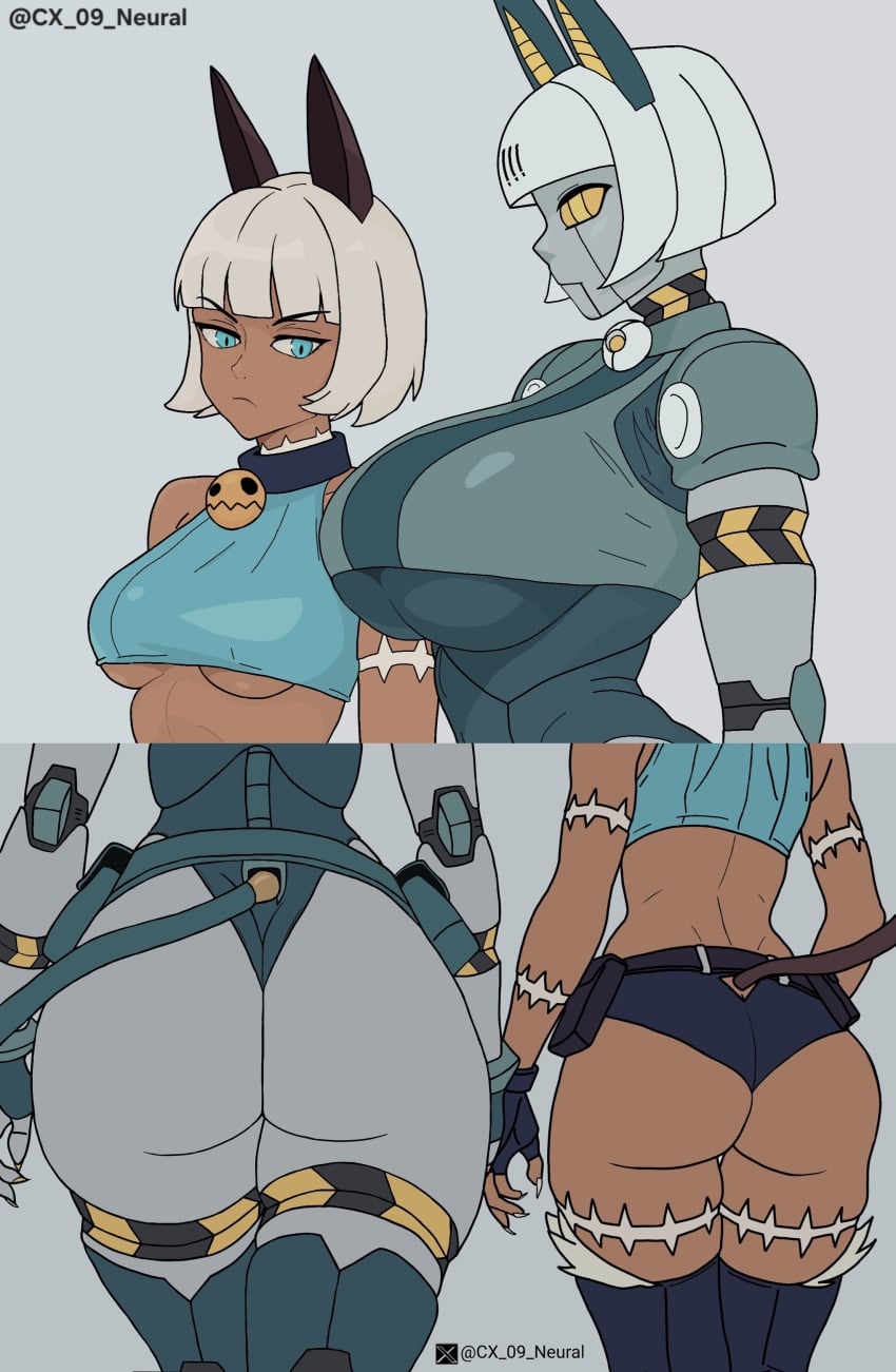 2girls artist_request big_ass big_breasts blue_eyes bottomless breast_envy breasts cat_ears cat_girl cat_tail catgirl cleavage dark-skinned_female dark_skin envy feline female female_only huge_ass large_breasts multiple_females multiple_girls nadia_fortune robo-fortune robot_girl short_hair skullgirls tail underboob white_hair yellow_eyes