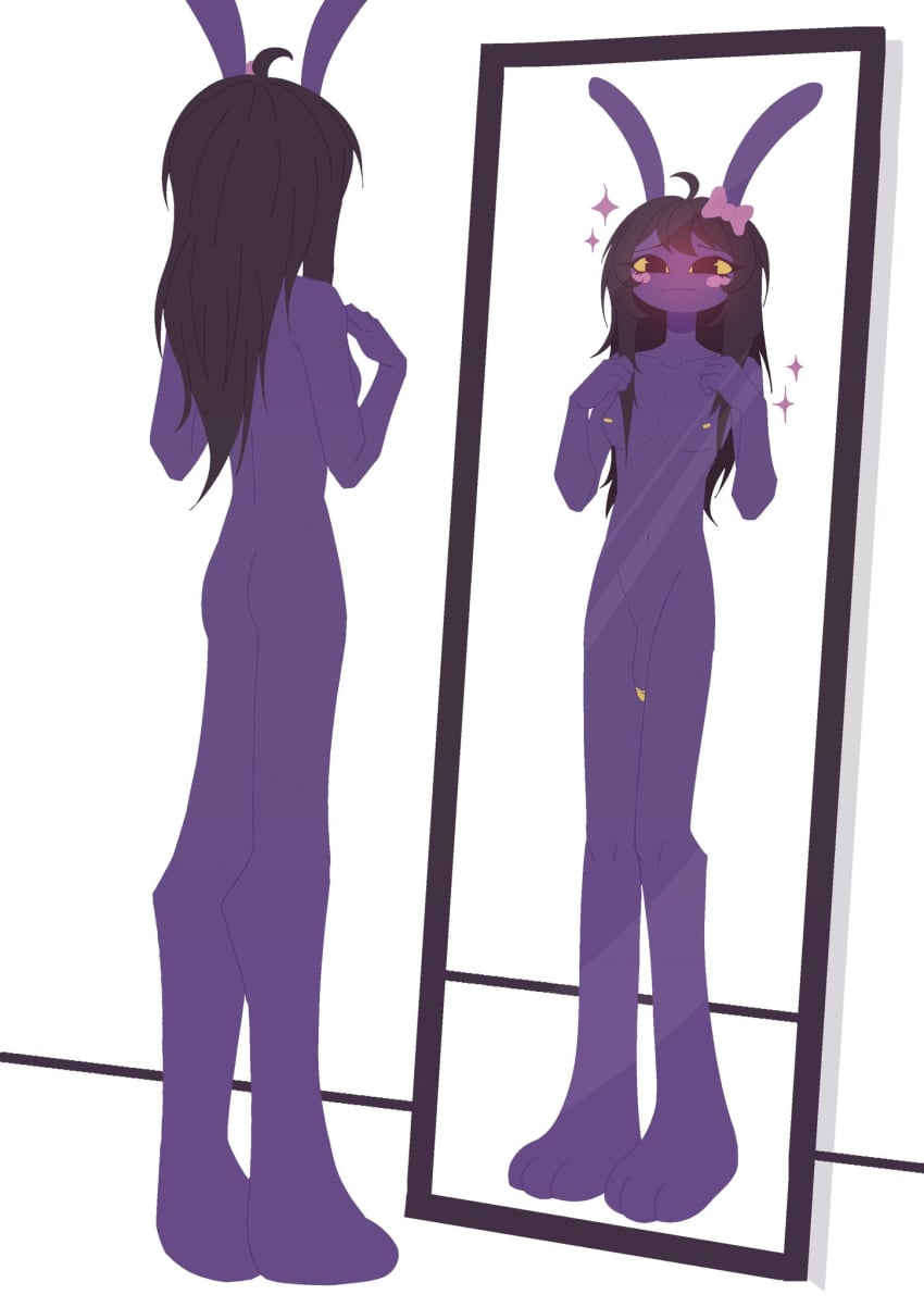 artist_request beautiful bow bunny_ears female_jax flaccid_penis gender_euphoria happy jax_(the_amazing_digital_circus) looking_at_mirror looking_at_self mirror nonsexual nonsexual_nudity the_amazing_digital_circus trans_woman