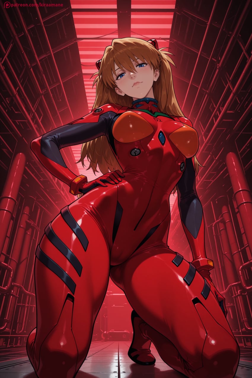 1girl ai_generated asuka_langley_soryu blue_eyes bodysuit breasts full_body gloves hair_ornament hi_res high_quality high_resolution kiraamane kneeling long_hair looking_at_viewer medium_breasts neon_genesis_evangelion orange_hair patreon plugsuit red_bodysuit seductive sexy shiny skin_tight solo souryuu_asuka_langley uncensored watermark