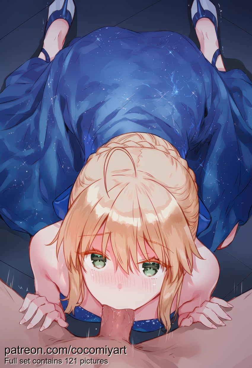 1boy 1girl 2026 ahoge ai_generated all_fours artoria_pendragon bare_shoulders blonde_hair blue_dress blue_footwear blue_ribbon blush braid braided_bun breasts clothed_female_nude_male cocomiyart dress fate_(series) fellatio french_braid green_eyes gumroad_username hair_between_eyes hair_bun hair_ribbon hetero high_heels highres looking_at_viewer motion_lines nose_blush nsfw nude oral penis pov ribbon saber shoes short_hair sidelocks single_hair_bun solo_focus strapless strapless_dress trembling uncensored