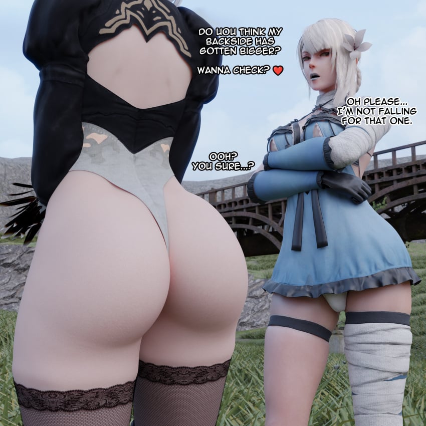 1futa 1girls 3d ass big_ass breasts bulge clothing cr3epsfm english_text female futanari kaine_(nier) light-skinned_female light-skinned_futa light_skin nier nier:_automata nier_replicant penis penis_under_clothes text white_hair yorha_2b