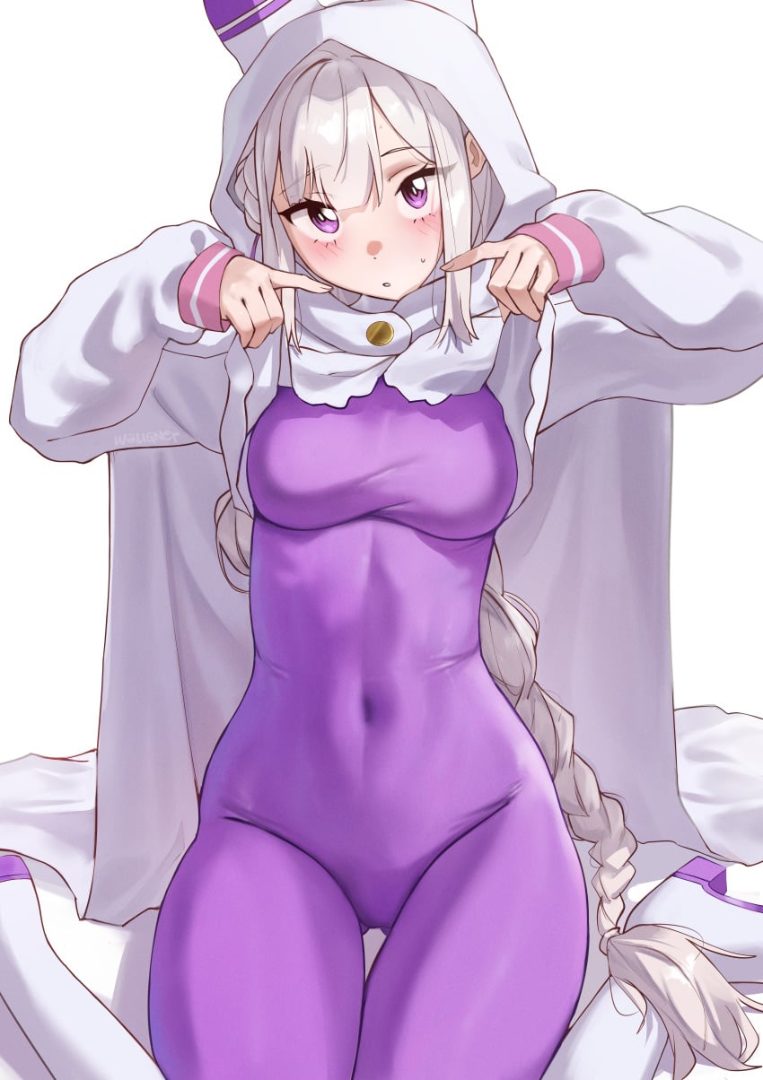 1girls elf emilia_(re:zero) female female_focus female_only looking_at_viewer looking_back purple_clothing purple_eyes re:zero_kara_hajimeru_isekai_seikatsu silver_hair staring staring_at_viewer tight_clothing tight_fit waligner white_cloak white_hair