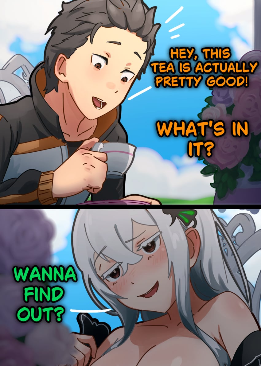 1boy 1boy1girl 1girls big_boobs black_clothing black_eyes black_hair boobs boobs_out breasts breasts_out brown_eyes echidna_(re:zero) female male mayngomay natsuki_subaru nipples peak re:zero_kara_hajimeru_isekai_seikatsu visible_nipples white_hair