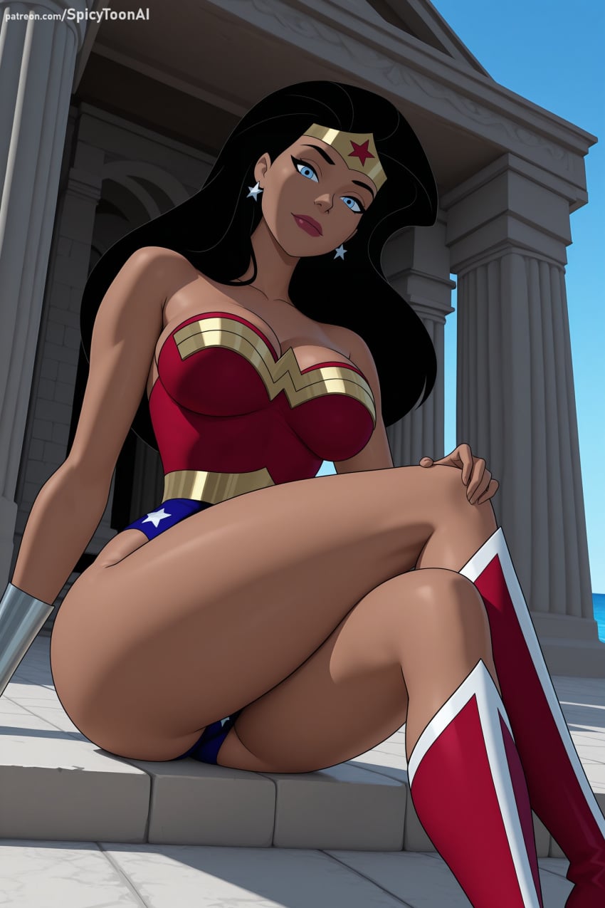 1girl ai_generated bare_shoulders black_hair blue_eyes blue_leotard boots breasts crossed_legs dark_skin dc dc_comics dcau diana_prince earrings hi_res high_quality high_resolution jewelry justice_league knee_boots large_breasts leotard lips long_hair looking_at_viewer patreon red_footwear seductive sexy sitting solo spicytoonai strapless superhero thighs uncensored watermark wonder_woman wonder_woman_(series)