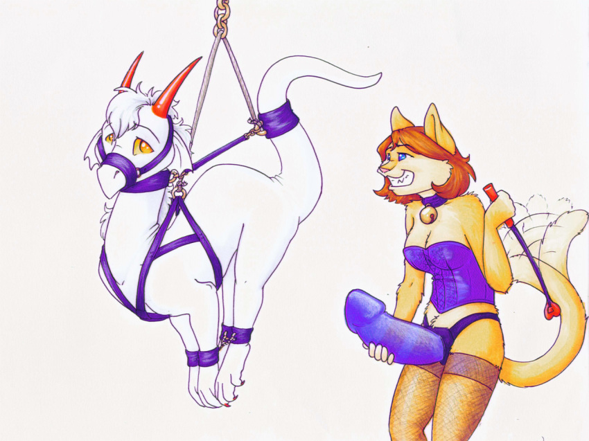 anthro bell blue_eyes bondage collar color corset dildo dragon dreamous feline female femdom fishnet furry grin horns imminent_rape male malesub muzzle pegging raised_tail riding_crop sex_toy straight strap-on suspension taen tail tail_bondage tail_cuff yellow_eyes