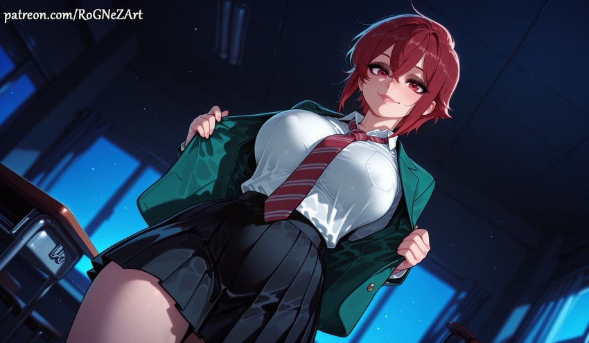 1girl 2026 ai_generated aizawa_tomo anime bangs black_skirt blazer blush boobs breasts classroom cleavage collared_shirt cowboy_shot crossover desk dutch_angle eye_contact female female_focus flushed green_jacket hair_between_eyes highres huge_breasts indoors inside jacket large_breasts long_sleeves looking_at_viewer necktie night nsfw open_clothes open_jacket parted_lips patreon pleated_skirt red_eyes red_hair red_necktie rognezart school_chair school_desk school_uniform shirt shirt_tucked_in short_hair skirt smile smiling solo striped striped_necktie thick_thighs thighs tomo-chan_wa_onna_no_ko white_shirt window