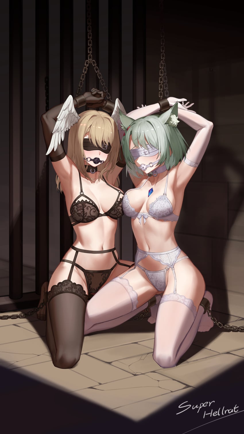 absurdres animal_ear_fluff animal_ears armpits arms_up ball_gag bdsm black_bra black_gloves black_panties black_thighhighs blindfold blonde_hair bondage bound bound_arms bound_legs bra collar collarbone commentary_request drooling elbow_gloves eunie_(xenoblade) gag gagged garter_belt garter_straps gloves green_hair groin head_wings highres hip_bones kneeling large_variant_set long_hair mio_(xenoblade) navel panties restrained stomach super_hellrat teeth thighhighs underwear upper_teeth_only variant_set white_bra white_gloves white_panties white_thighhighs wiffle_gag wings xenoblade_chronicles_(series)