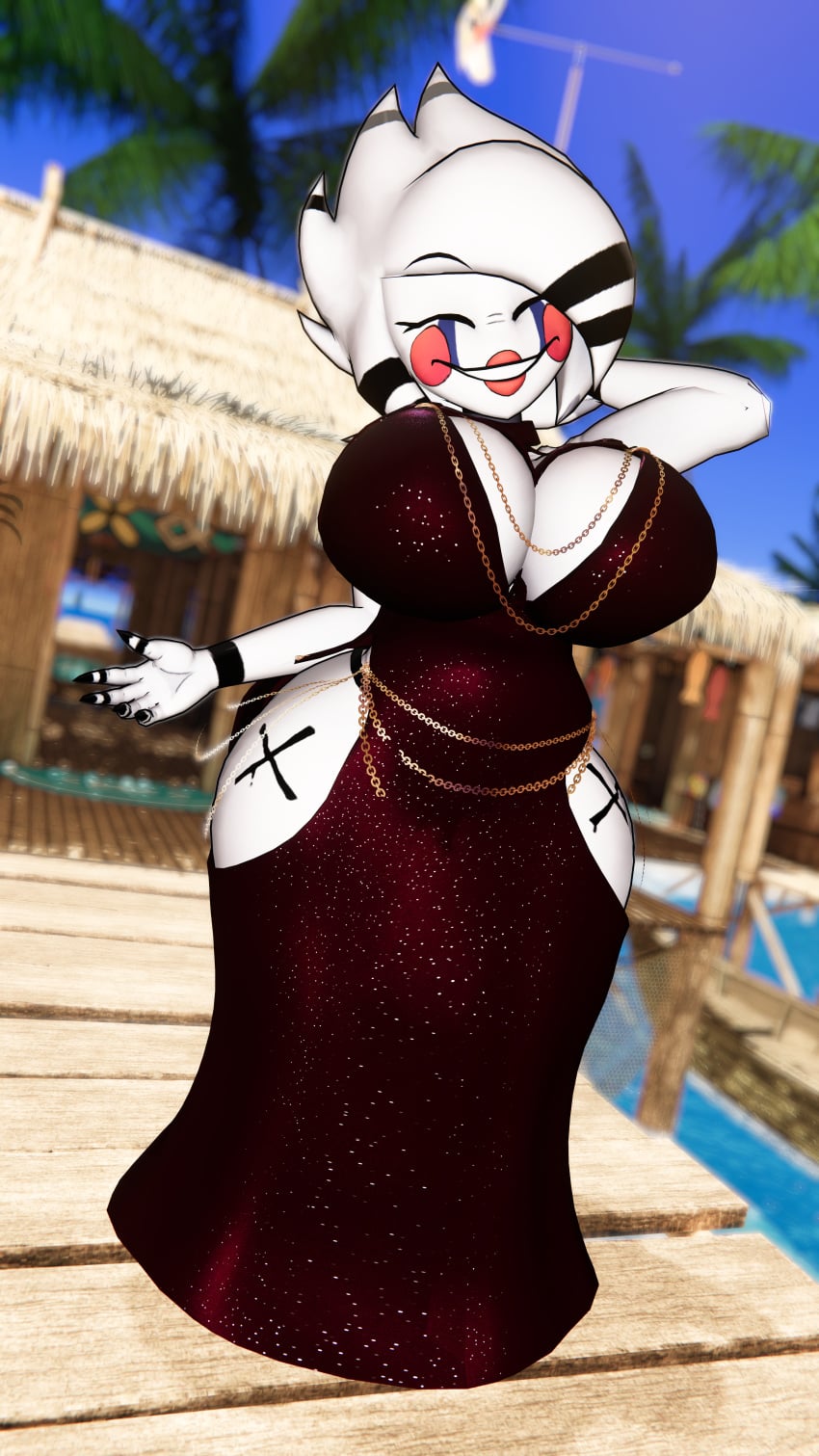 3d beach boobs breasts chain_dress dress five_nights_at_freddy's fredina's_nightclub huge_ass huge_breasts marie_(cally3d) marie_(cryptia) red_sparkles smiling solo tits unity_(engine) vrchat vrchat_avatar