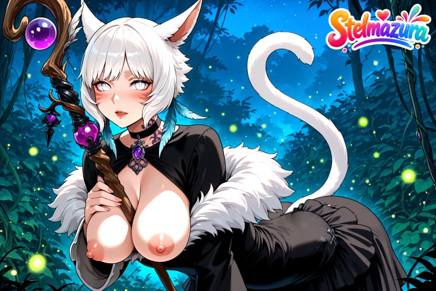 1girl ai ai_generated animal_ears bangs between_breasts black_dress blind blush breasts breasts_out brooch cat_ears cat_girl cat_tail choker clothing_cutout dark_skin dress facial_mark feather_hair_ornament feathers forest fur_trim gem glowing grey_eyes hair_ornament holding holding_staff jewelry large_breasts leaning_forward lips long_sleeves looking_at_viewer miqo'te nature neck_tattoo night night_sky nipples open_mouth outdoors short_hair sky slit_pupils solo staff star_(sky) starry_sky tail tattoo tree whisker_markings white_hair y'shtola_rhul