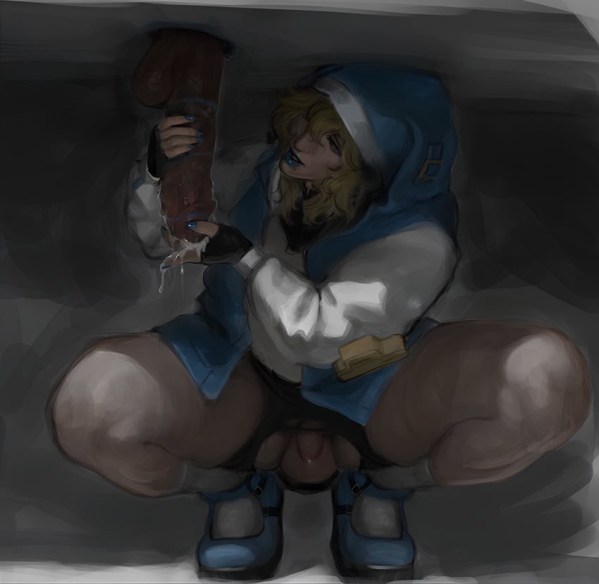 balls big_penis blonde blonde_hair blue_lipstick blue_nails bridget fatteacoffee femboy guilty_gear hood hood_up large_breasts lipstick lipstick_on_penis makeup male penis precum saliva sitting testicles thick_thighs