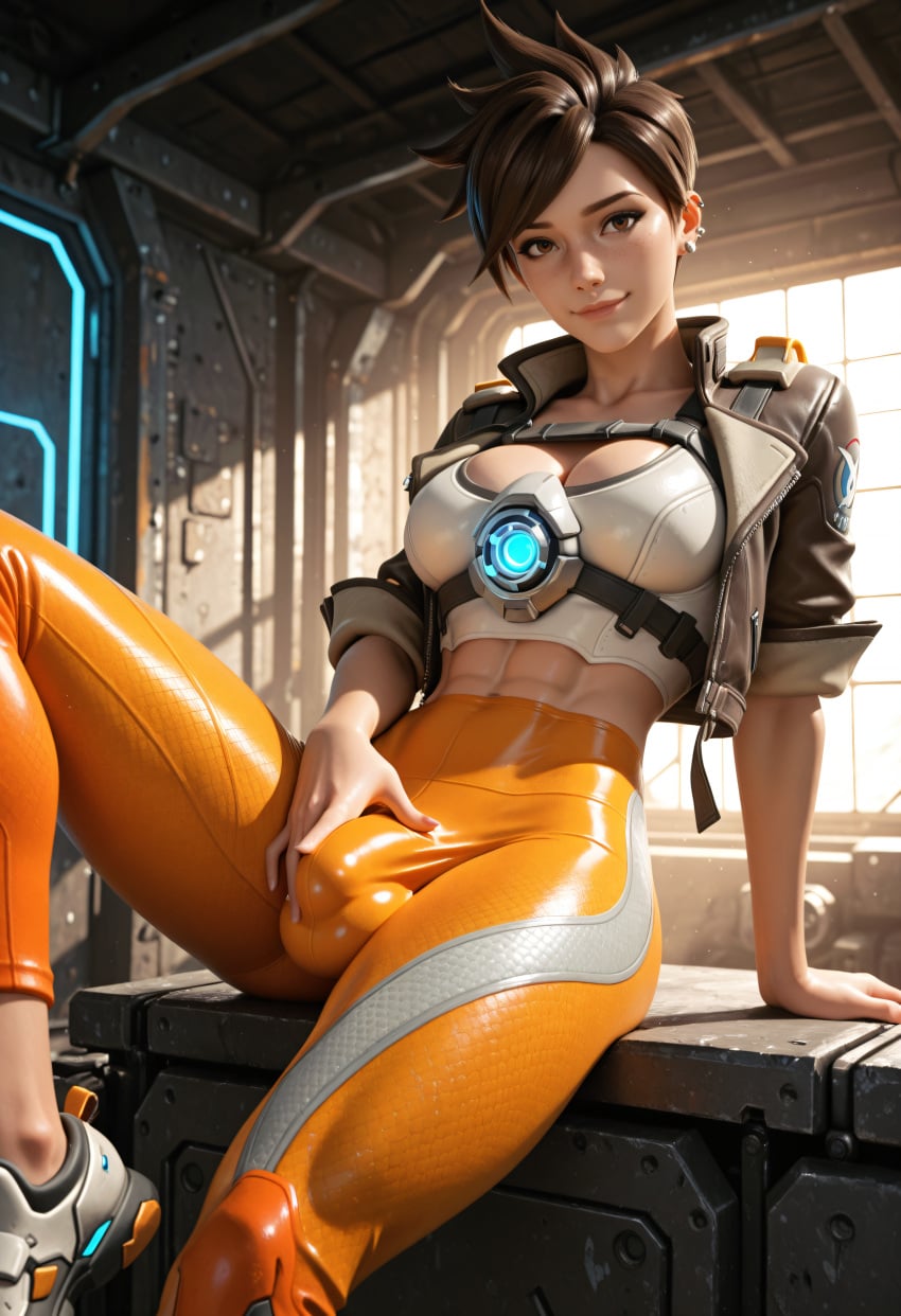 1futa abs ai_generated athletic athletic_futa breasts brown_eyes brown_hair bulge bulge_through_clothing cleavage fit fit_futa futanari overwatch overwatch_2 short_hair sparcy tracer