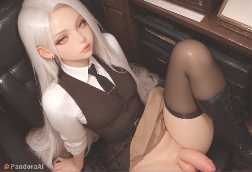 1boy 1femboy absurd_res ai_generated arm_support artist_name artist_upload black_footwear black_necktie black_thighhighs blue_eyes boots breasts chair clothes_lift collared_shirt cross-laced_footwear crossdressing desk earrings femboy femboy_focus feminine_male flaccid from_above gay grey_eyes half-erect hi_res indoors jewelry knee_boots lips long_hair looking_at_viewer more_at_source necktie no_panties nose pandora patreon patreon_username penis self_upload shirt sitting skirt skirt_lift sleeves_rolled_up solo testicles thighhighs thighhighs_under_boots transgender uncensored very_long_hair vest watermark white_hair white_shirt