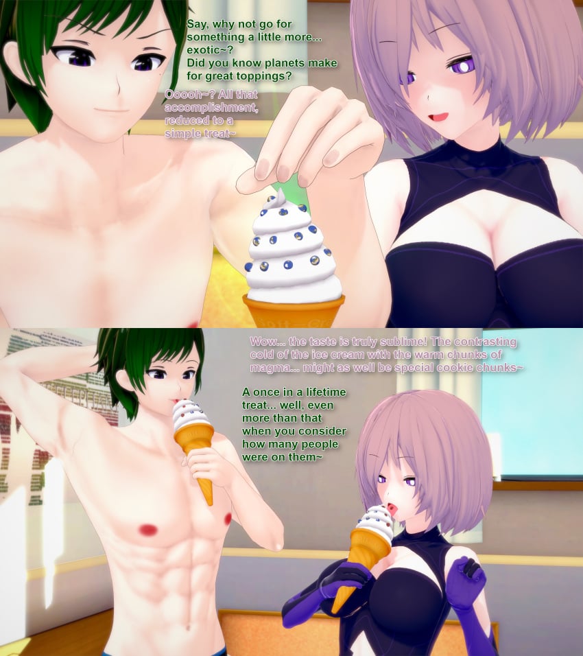 1boy 1girls 3d abs bulge commission destruction english_text fate/grand_order fate_(series) female giant_male giantess green_hair koikatsu male mash_kyrielight muscular muscular_male object_vore oc original original_character pink_hair planet planet_vore shrinking text underwear vore xavier_huge xavierhuge