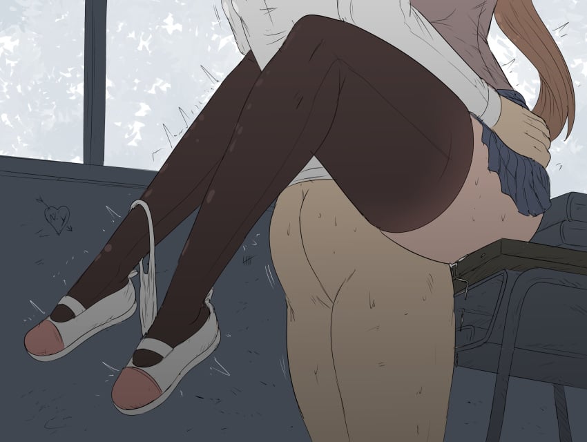 1boy 1girls classroom clothed clothed_sex desk doki_doki_literature_club female fuzzlogik male monika_(doki_doki_literature_club) panties panties_around_one_leg penetration sex sweat thigh_highs thighhighs