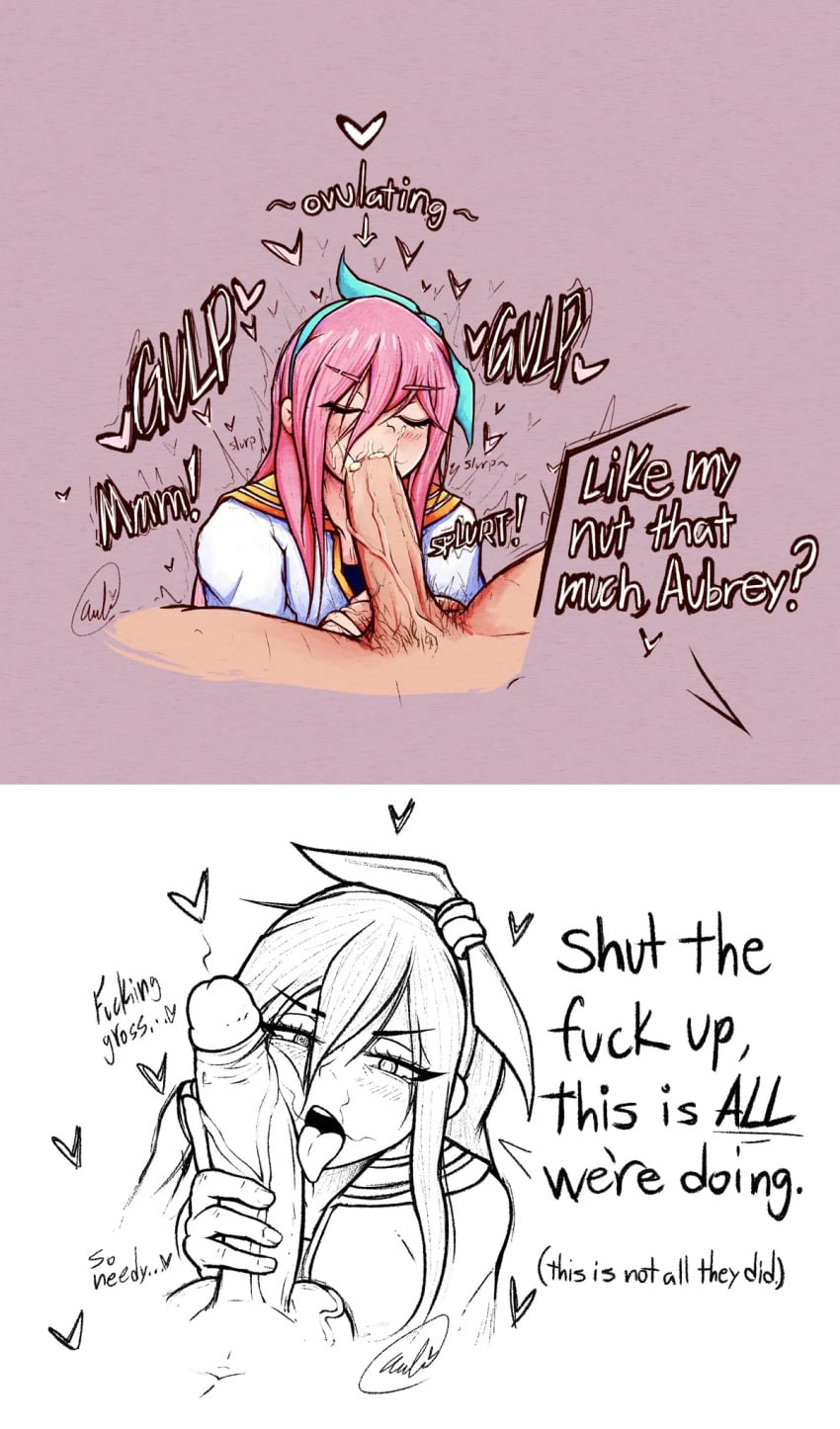 artist_request aubrey_(omori) blowjob cum cum_in_mouth fellatio implied_sex large_penis omori oral_sex secretly_likes_it secretly_loves_it tomboy_dominated unseen_male
