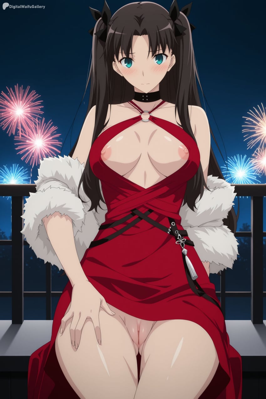 1girl ai_generated areola_slip ass_visible_through_thighs bare_shoulders black_choker black_hair blue_eyes blush breasts breasts_apart choker closed_mouth clothes_lift collarbone digitalwaifugallery dress dress_lift fate_(series) feather_boa fireworks hair_ribbon halterneck hi_res high_quality high_resolution large_breasts long_hair looking_at_viewer night nipple_slip nipples no_bra no_panties o-ring outdoors parted_bangs patreon pussy red_dress ribbon seductive sexy sitting sky solo thighs tohsaka_rin two_side_up uncensored watermark