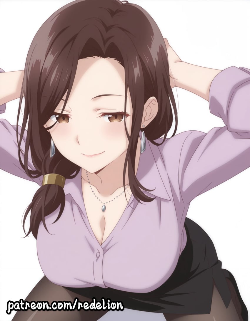 1girls ai_generated big_breasts boobs breasts brown_eyes brown_hair cleavage clothed_female clothing earrings female female_only gotou_airi hair_ornament hands_behind_head hige_wo_soru._soshite_joshikousei_wo_hirou. large_breasts leaning_forward long_hair looking_at_viewer low_ponytail mature mature_body mature_female mature_figure mature_woman necklace office_lady ponytail redelion seductive seductive_eyes seductive_look seductive_pose seductive_smile simple_background upper_body white_background