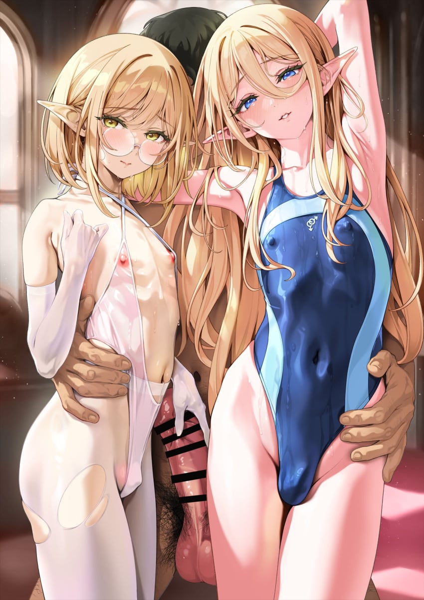 3boys absurdres blonde_hair blue_eyes blush bulge commentary_request competition_swimsuit covered_navel covered_nipples crossdressing crossdressing_(mtf) elbow_gloves erection gloves highleg highleg_one-piece_swimsuit highres interlocked_mars_symbols long_hair looking_at_viewer male_focus male_pubic_hair mars_symbol multiple_boys multiple_traps navel one-piece_swimsuit original pantyhose penis_size_difference pointy_ears pubic_hair round_eyewear shuffle_(songdatiankong) swimsuit testicles torn_clothes torn_pantyhose trap yaoi yellow_eyes