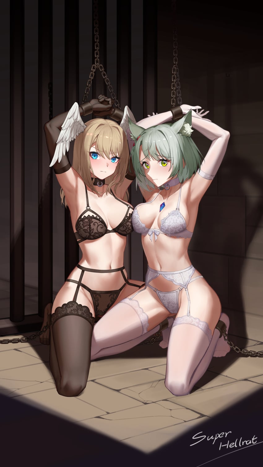 absurdres animal_ear_fluff animal_ears armpits arms_up bdsm black_bra black_gloves black_panties black_thighhighs blonde_hair blue_eyes bondage bound bound_arms bound_legs bra collar collarbone commentary_request elbow_gloves eunie_(xenoblade) garter_belt garter_straps gloves green_eyes green_hair groin head_wings highres hip_bones kneeling large_variant_set long_hair looking_at_viewer mio_(xenoblade) navel panties restrained stomach super_hellrat thighhighs underwear variant_set white_bra white_gloves white_panties white_thighhighs wings xenoblade_chronicles_(series)