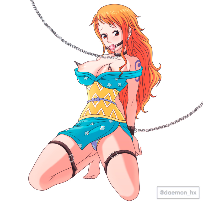 arms_behind_back ball_gag bondage breasts breasts_out chain_leash collar daemonhx female female_only gag gagged kimono kneeling kunoichi long_hair looking_at_viewer nami nipple_clamps nipples onami one_piece orange_hair panties red_eyes tattoo