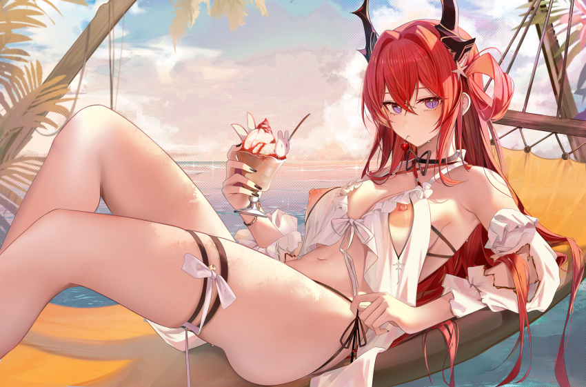 1girls areolae arknights beach belly big_breasts breasts exposed_breasts female female_only highres horns legs light-skinned_female looking_at_viewer lying navel nipples open_bra outdoor outside purple_eyes red_hair ru_zhai solo surtr_(arknights) swimsuit thighs