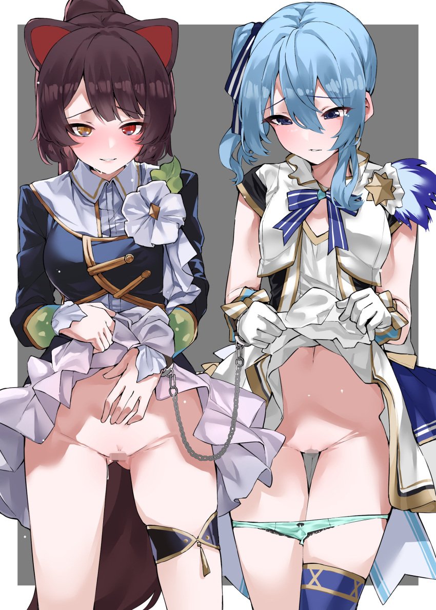 2girls absurdres animal_ears bangs black_jacket blue_bow blue_bowtie blue_eyes blue_hair blue_panties blush bow bow_panties bowtie brown_hair censored chains clothes_lift commission cowboy_shot cropped_jacket crossover cuffs dog_ears dog_girl dog_tail flower gloves hair_between_eyes hand_on_own_stomach handcuffs heterochromia highres hololive hololive_gen_0 hololive_japan hoshimachi_suisei idol inui_toko jacket lifted_by_self light_smile long_hair long_sleeves looking_at_viewer mosaic_censoring multiple_girls navel nijisanji no_panties nose_blush official_alternate_costume overflow panties panty_pull parted_lips presenting pussy red_eyes shirt side_ponytail single_thighhigh skeb_commission skirt skirt_lift standing tail thigh_strap thighhighs underwear vest virtual_youtuber vtuber white_flower white_gloves white_shirt white_vest yellow_eyes yuukauta