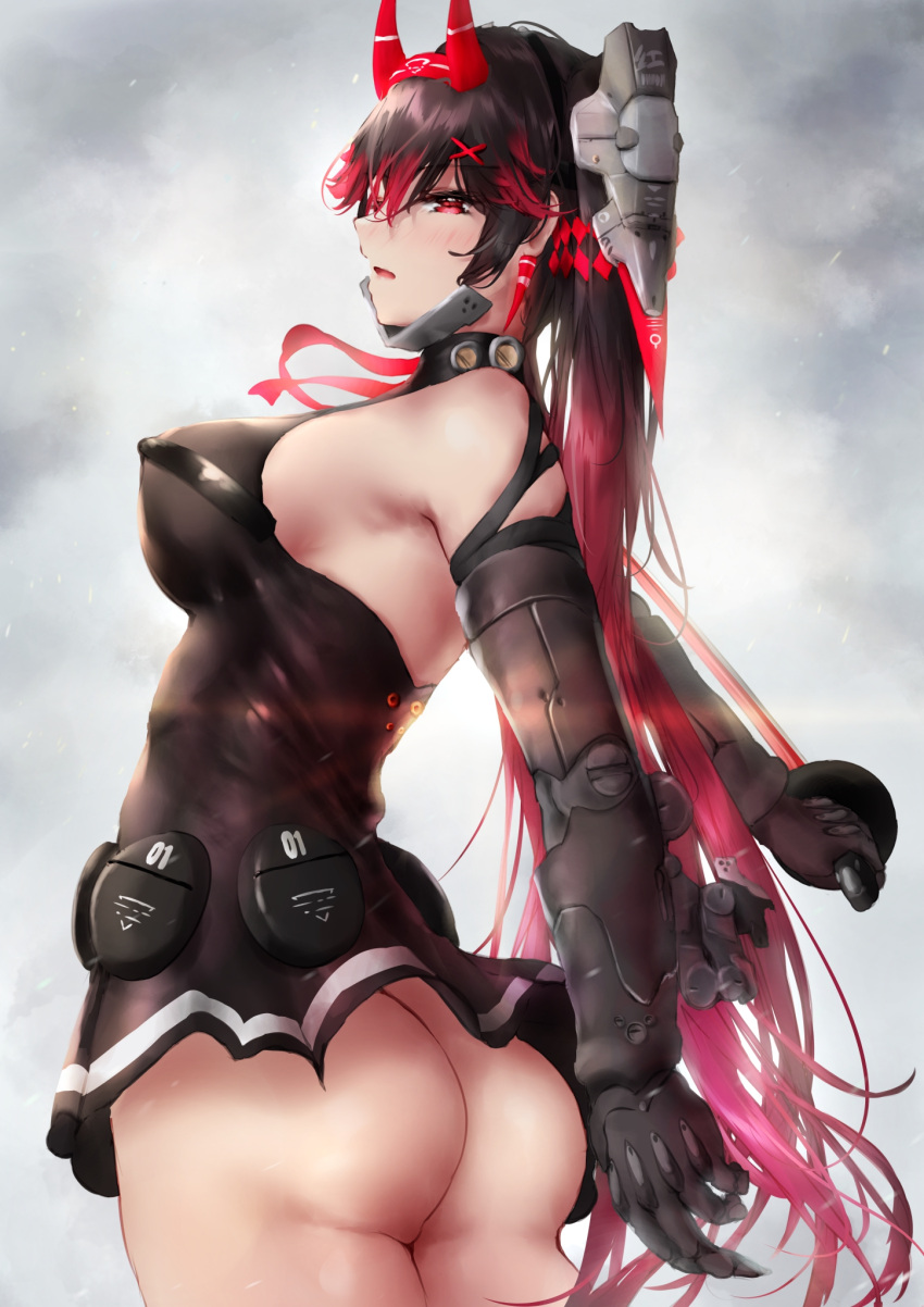 ass bare_ass black_hair blush bottomless female fully_clothed headgear horns kagi_(dicedkey) long_hair looking_at_viewer looking_back lucia_(punishing:_gray_raven) medium_breasts punishing:_gray_raven red_eyes red_hair robot_girl skirt solo twintails