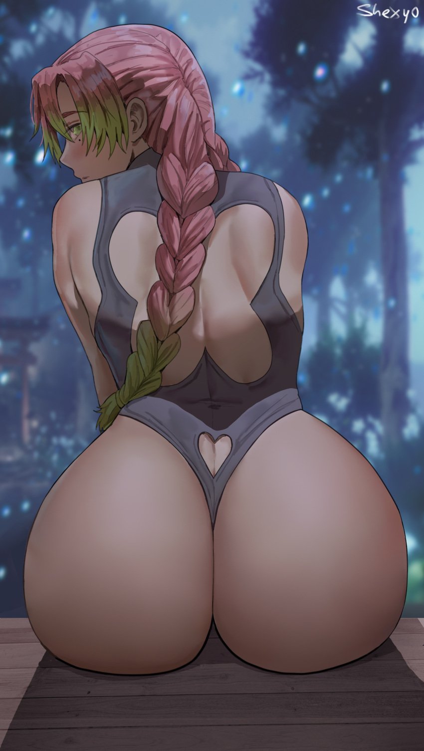 1girls 2022 absurd_res artist_signature ass beauty_mark blush braided_hair demon_slayer female female_only green_eyes green_hair hartman_hips hips huge_ass kanroji_mitsuri kimetsu_no_yaiba long_hair looking_at_viewer looking_back looking_over_shoulder mole_under_eye outdoors pink_hair shexyo slim_waist thick_thighs thighs two_tone_hair wide_hips