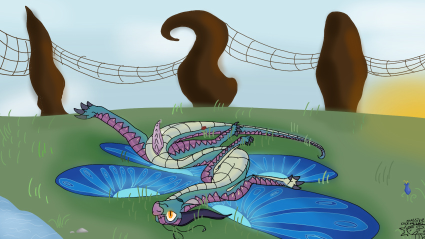 16:9 2_horns 4_winged_dragon animal_genitalia antennae_(anatomy) belly_up big_penis blue_(wof) blue_body blue_scales blue_sky blue_wings bodily_fluids curvaceous curved_horn curvy_figure dragon dragon_tail dragon_wings feral field field_background genital_fluids genital_slit genitals grass grass_field grassy_field green_background hi_res horn ind0 lake long_body lying male not_furry not_furry_focus on_back on_ground on_side penis pink_penis plant presenting presenting_penis purple_body purple_scales scaled_penis scales scalie silkwing_(wof) simple_background size_difference sky slit smaller_male solo spread_arms spread_legs spread_wings spreading sun voluptuous widescreen wings wings_of_fire yellow_eyes