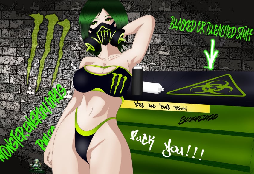 dark_green_hair female gas_mask graffiti green_eyes green_hair mask masked_female monster-chan monster_energy monster_energy-chan monster_energy_drink noir-black-shooter spray_paint spray_paint_can street urban_monster_energy_girl