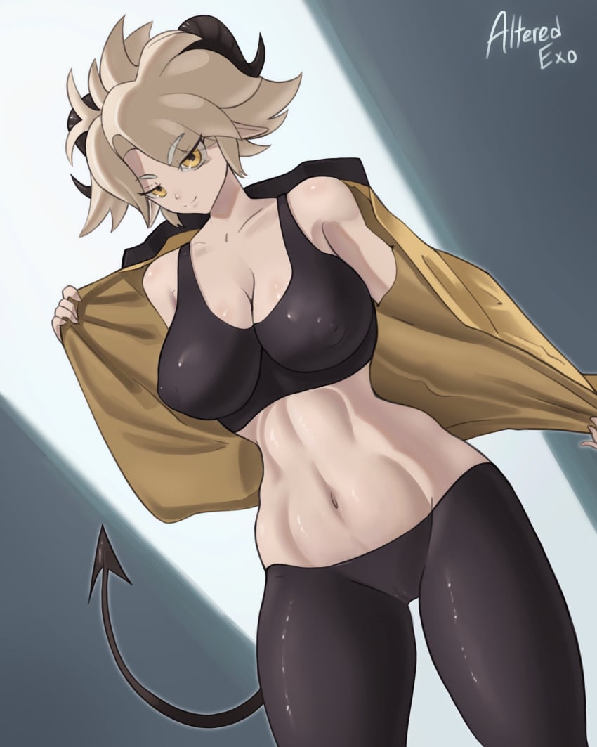 alteredexo big_breasts blonde_female blonde_hair goat goat_horns horns leggings stomach stripping susan_(rakeemspoon) sweatpants tail tank_top tummy yellow_eyes yoga_pants