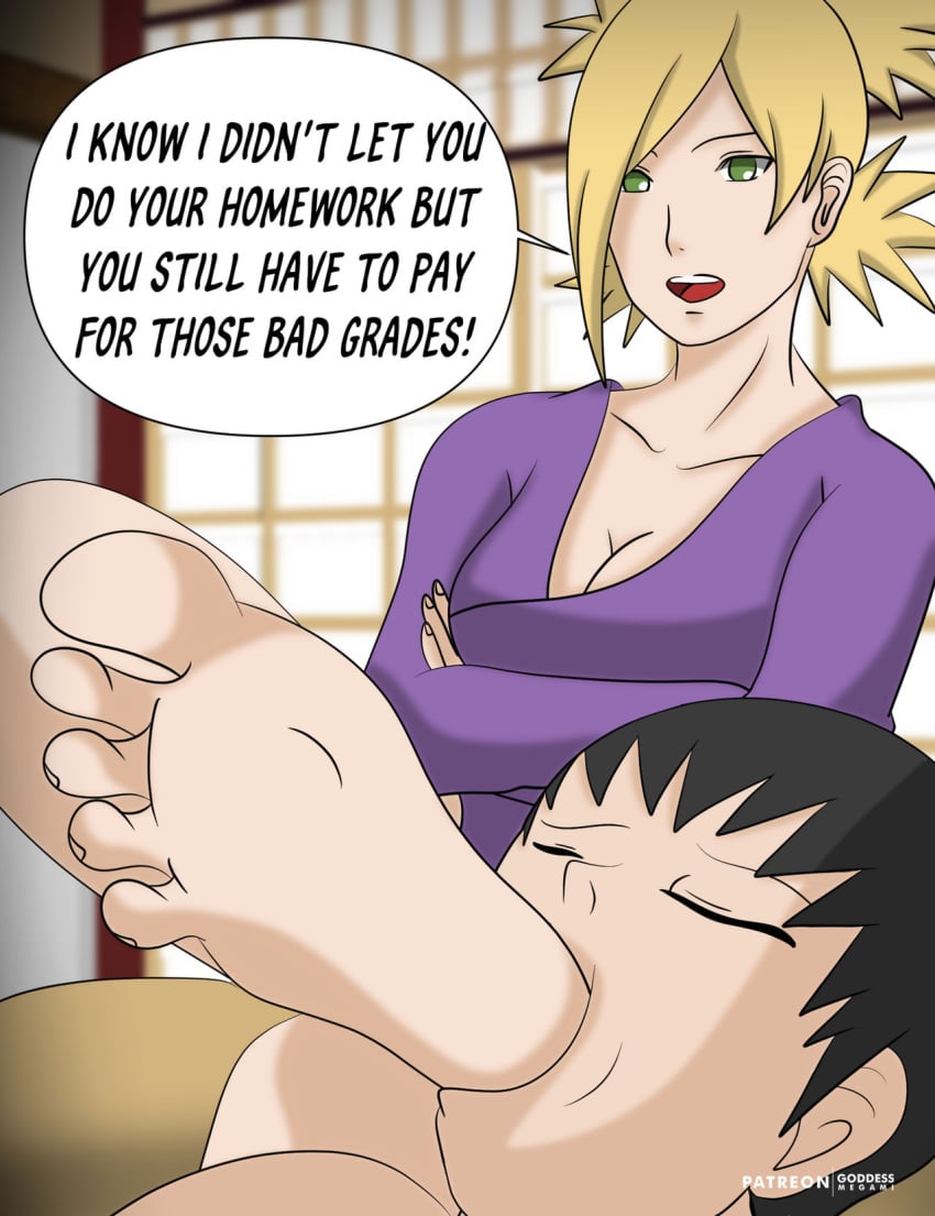 1boy1girl age_difference barefoot black_hair blonde_female blonde_hair boruto:_naruto_next_generations breasts cleavage closed_eyes clothed_female_nude_male crossed_legs feet femdom fetish foot_fetish foot_focus foot_in_mouth foot_worship green_eyes implied_incest incest male/female malesub megami_comics milf mother_and_son nara_shikadai naruto naruto_(series) no_bra older_female open_mouth oral punishment quad_tails shirt soles speech_bubble sucking talking talking_to_another talking_to_partner temari text tied_hair worship younger_male