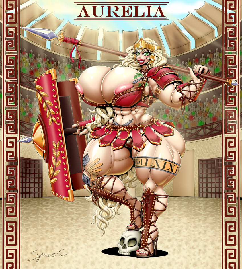 1girls 2022 adoptable amazon areolae armor ass aurelia_(triforce-omega) big_ass bimbo blonde_hair breasts cameltoe cleavage female female_only gladiator gladiatrix high_heels huge_breasts lilith_art lipstick long_hair looking_at_viewer makeup muscular_female nail_polish original original_character pubic_hair roman shield skull solo spear tattoo thick_thighs thin_waist wide_hips