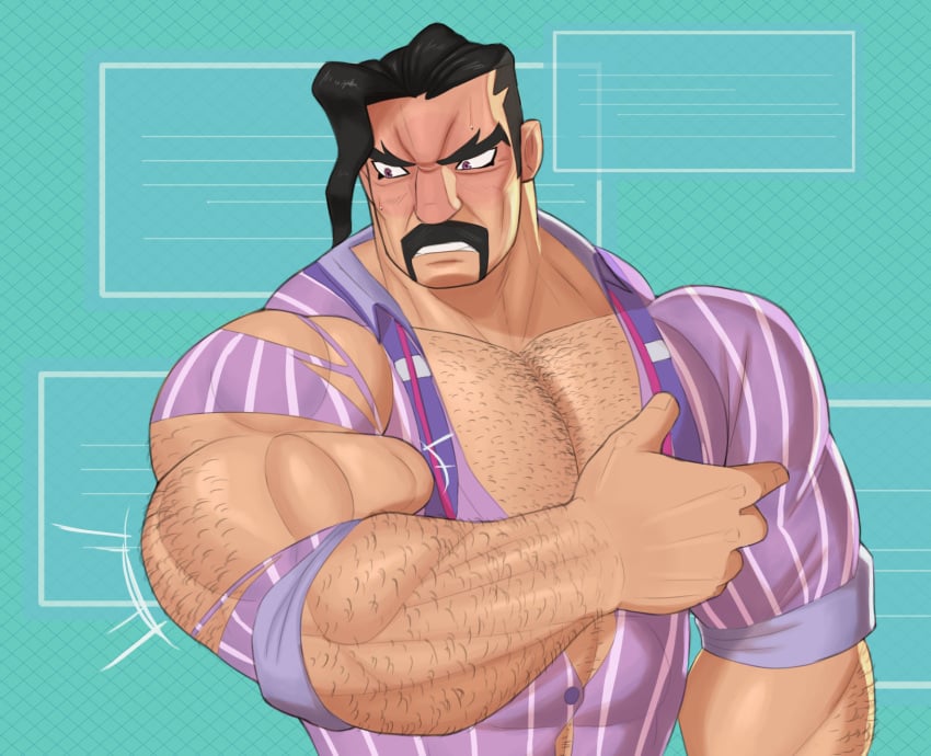 black_hair body_hair embarrassed facial_hair human male male_focus male_only mr._saguaro muscles muscles_ripping_clothes muscular muscular_male npc_trainer pokemon pokemon_sv ripped_clothing shocked thedarkdjin