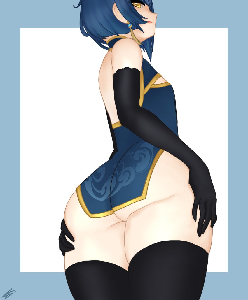 1boy amber_eyes ass asymmetrical_hair black_gloves black_legwear black_thighhighs blue_hair butt_crack_outline cheongsam chinese_clothes dress_wedgie eggberb fat_ass femboy flat_chest genshin_impact gloves highres human licking_lips light_skin looking_at_viewer male male_only mihoyo qipao single_earring solo thighhighs thighs trap wedgie white_background xingqiu_(genshin_impact)