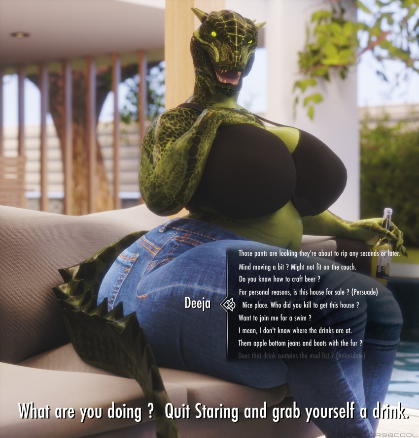 1girls 2022 3d alcohol anthro argonian artist_name ass beer belly belly_button bethesda_softworks big_ass big_breasts big_butt black_bra blurry_background bottomwear bra breasts busty butt calves chubby coolmaster98 corona_(beer) couch curvaceous curves curvy curvy_body curvy_female curvy_figure deeja denim detailed_background dialogue_box drink english english_dialogue english_subtitles english_text eye_contact feet_out_of_frame female female_focus female_only hips holding holding_drink horn horns hud huge_ass huge_breasts huge_butt inviting jeans large_ass large_breasts legs legs_together lizard long_tail looking_at_viewer mouth_open navel open_mouth pants pov pov_eye_contact reptile scales scalie sitting sitting_on_couch skyrim solo solo_female solo_focus spiked_tail stomach subtitled tail talking talking_to_viewer teeth text text_box the_elder_scrolls thick_thighs thighs tongue underwear voluptuous wide_hips yellow_eyes yellow_sclera