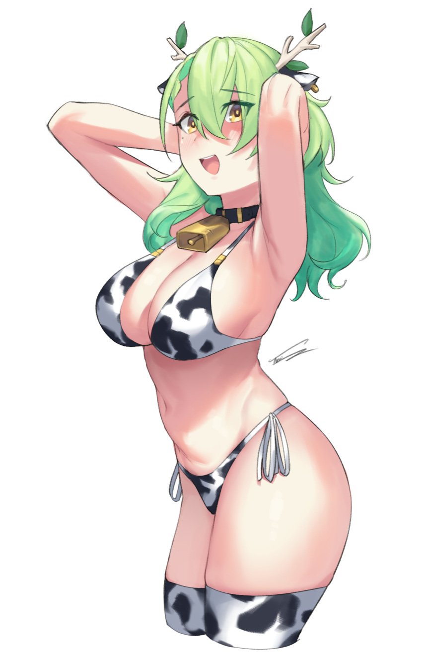 :d animal_print antlers arms_behind_head arms_up bell belly bikini black_collar branch breasts ceres_fauna collar cow_print cowbell cropped_legs dasdokter female from_side green_hair highres hololive hololive_english hololive_english_-council- hololive_english_-promise- large_breasts leaf long_hair looking_up mole mole_under_mouth navel neck_bell open_mouth side-tie_bikini signature simple_background smile solo stomach swimsuit thighhighs virtual_youtuber wavy_hair white_background yellow_eyes