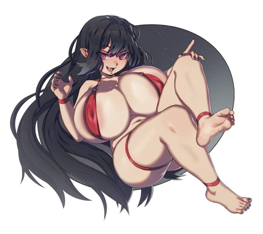 1girls barefoot big_breasts black_hair black_toenails bra breasts elf_ears elf_female elf_girl erect_nipples_under_bikini feet huge_breasts leg_band long_hair original pointy_ears purple_eyes red_bikini red_leg_band red_thigh_band sandcavern shortstack suspenders thick_thighs thigh_band thunder_thighs wide_hips