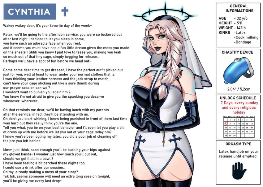 1girls 2d black_eyeshadow black_lipstick blonde_hair blue_eyes caption character_sheet chastity chastity_cage domination female femdom femdom_caption halo human otto_cubze patreon penis_cage religion religious religious_clothing solo solo_female