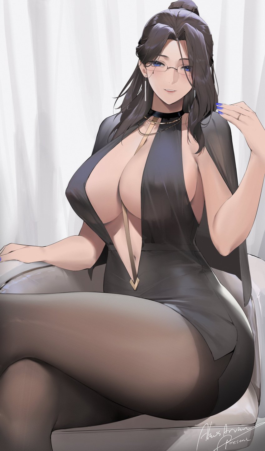 1girls aliosarvin big_breasts blue_eyes brown_hair crossed_legs dress female female_only glasses inner_sideboob inoue_iris_(sdustz) long_hair looking_at_viewer narrowed_eyes pantyhose sitting smiling_at_viewer solo solo_female thick_thighs very_high_resolution