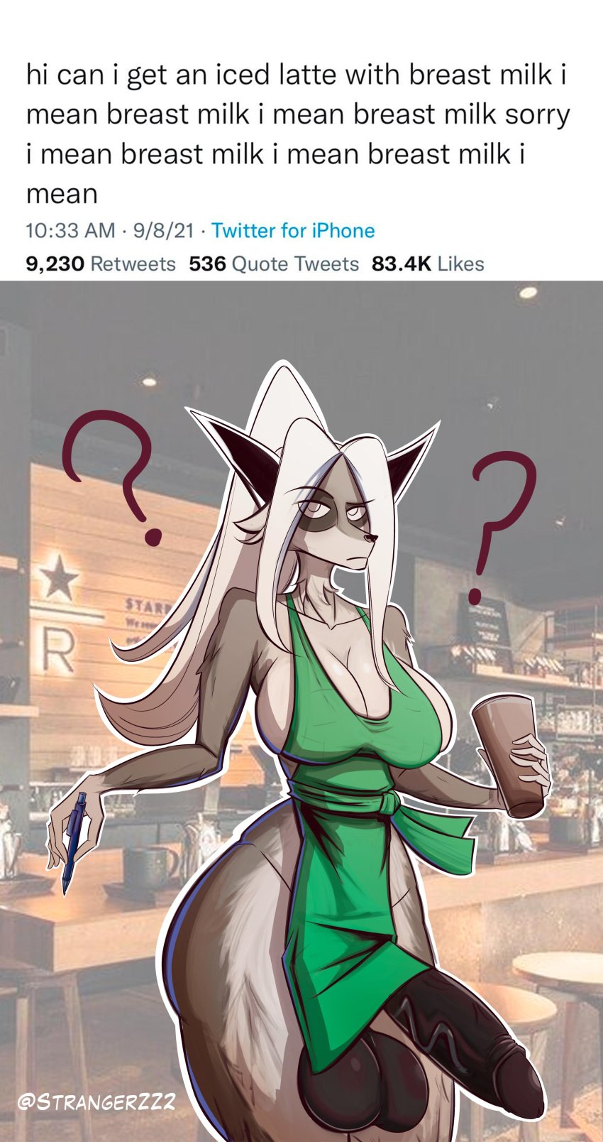 1futa anthro balls barista big_ass big_balls big_breasts big_lips big_waist black_penis clothed clothing dialogue digital_media_(artwork) furry furry_ears furry_female furry_futa furry_tail futa_only futanari genitals huge_balls huge_breasts huge_cock huge_testicles i_mean_breast_milk iced_latte_with_breast_milk iced_latte_with_dick_milk izzy_jackel lips meme mostly_nude original original_character solo starbucks strangerzz testicles text waist white_hair