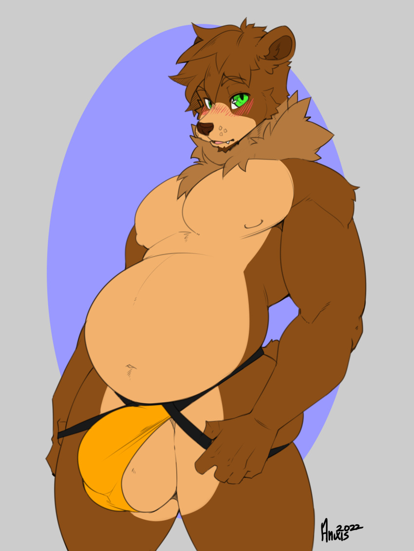 absurd_res anixis anthro balls belly big_balls blush brown_bear brown_body brown_fur clothing conditional_dnp fur genitals green_eyes grizzly_bear hi_res jockstrap kiaayo lfo looking_at_viewer male mammal muscular muscular_male navel nipples overweight overweight_male solo underwear ursid ursine