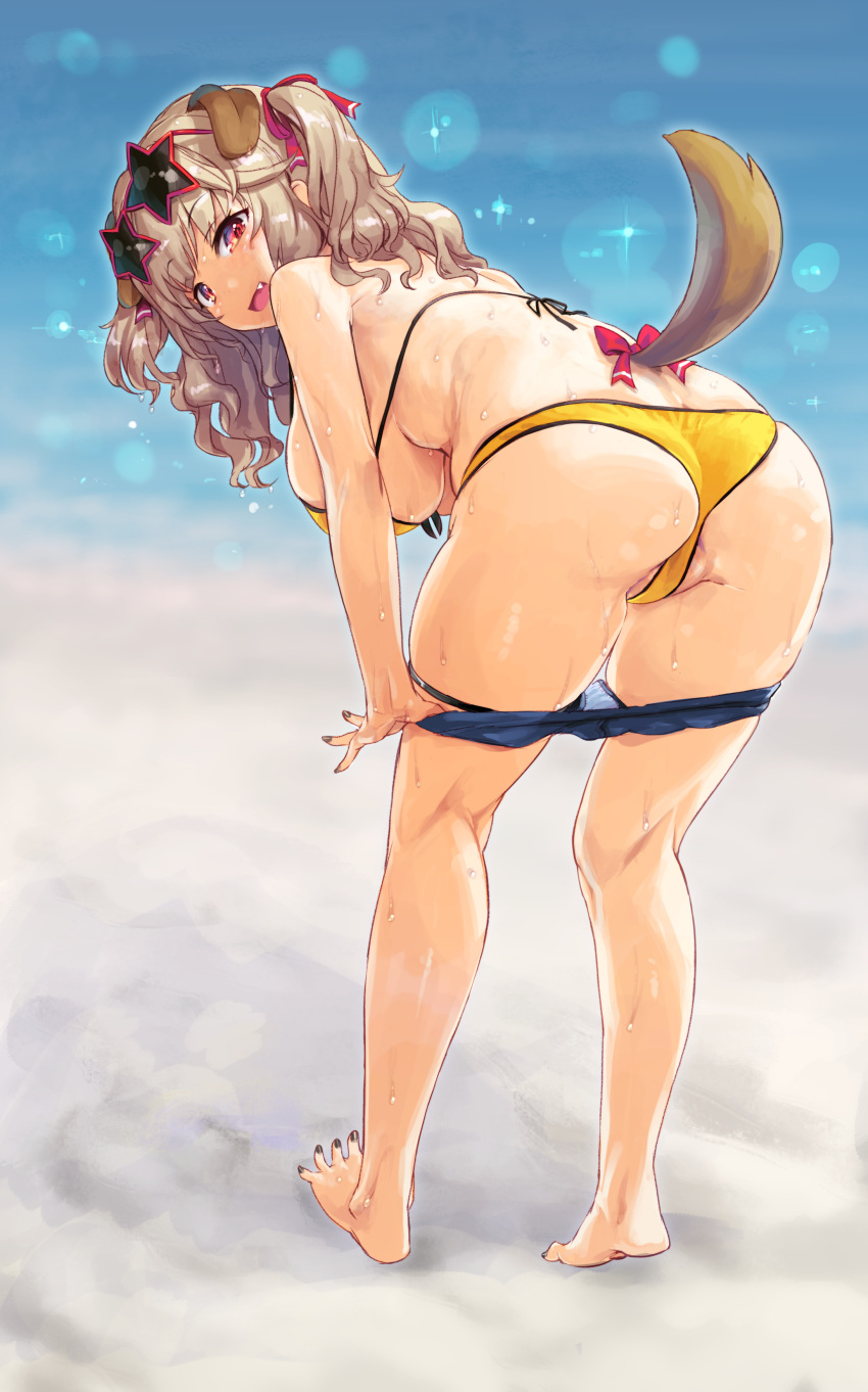 absurdres animal_ears ass bangs barefoot bent_over bikini blonde_hair blush bow breasts brown_hair clothes_pull dog_ears dog_girl dog_tail eyewear_on_head female female from_behind full_body hair_ribbon highres indie_virtual_youtuber kiyama_satoshi komorebi_wanko large_breasts long_hair looking_at_viewer looking_back oerba_yun_fang open_mouth pulled_by_self red_bow red_eyes ribbon shorts shorts_pull smile solo star-shaped_eyewear sunglasses sweat swimsuit tail two_side_up virtual_youtuber yellow_bikini