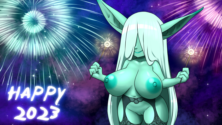 big_breasts black_clothing breasts clothing female fireworks furball_(artist) garter_belt garter_straps genitals goblin goblin_female green_body green_hair green_skin hair hair_over_eyes hi_res hidden_face holding_object holidays humanoid humanoid_pointy_ears long_ears long_hair meeya_(furball) navel new_year new_year_2023 nipples pussy short_stack shortstack solo sparkler standing