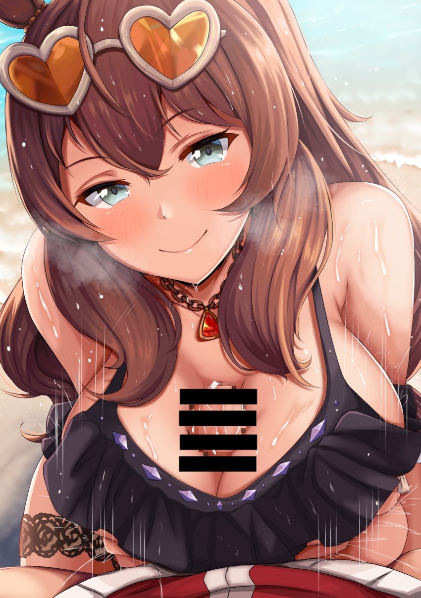 animal_ears bar_censor beach blush breasts brown_hair censored cleavage commentary_request female heavy_breathing highres horse_ears horse_girl long_hair maruzensky_(blasting_off_summer_night)_(umamusume) maruzensky_(umamusume) paizuri pov shokan_(pixiv61462319) smile solo_focus sweat swimsuit umamusume umamusume_summer_story_(umamusume)