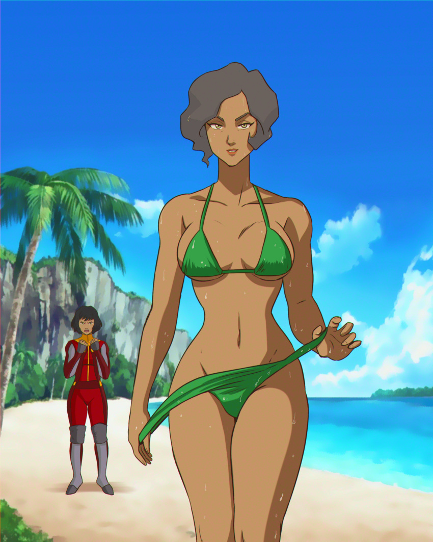 2girls air_nomad airbender alternate_version_available areolae avatar_the_last_airbender beach big_breasts bikini black_hair blue_sky bob_cut clenched_fists clenched_hands clothing cloud clouds commission commission_art commissioner_upload dark-skinned_female earth_kingdom female female_only green_bikini green_eyes grey_hair hourglass_figure jealous jumpsuit looking_at_viewer medium_breasts metalbender milf mother_and_daughter nickelodeon older_female olive_skin opal_bei_fong outdoors palm_tree pinup pinup_pose posing salvamakoto sand seductive_look seductive_smile smooth_skin stripping striptease suyin_bei_fong sweat sweatdrop sweaty_body sweaty_breasts swimsuit the_legend_of_korra water