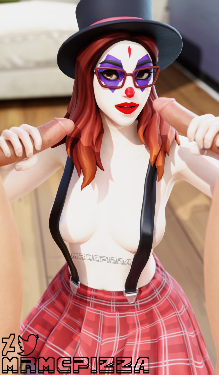 big_breasts big_penis clown clown_girl fortnite handjob kneeling leggings mmf_threesome mrmcpizza outside pepper_thorne_(fortnite) skirt suspenders tophat topless