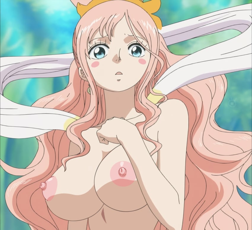 1girls big_breasts blonde_female blue_eyes bust_portrait earrings female female_only hair_ornament hand_on_own_chest long_hair looking_down nude_filter one_piece pink_hair pink_nipples shirahoshi solo_female strawberry_blonde_hair wavy_hair