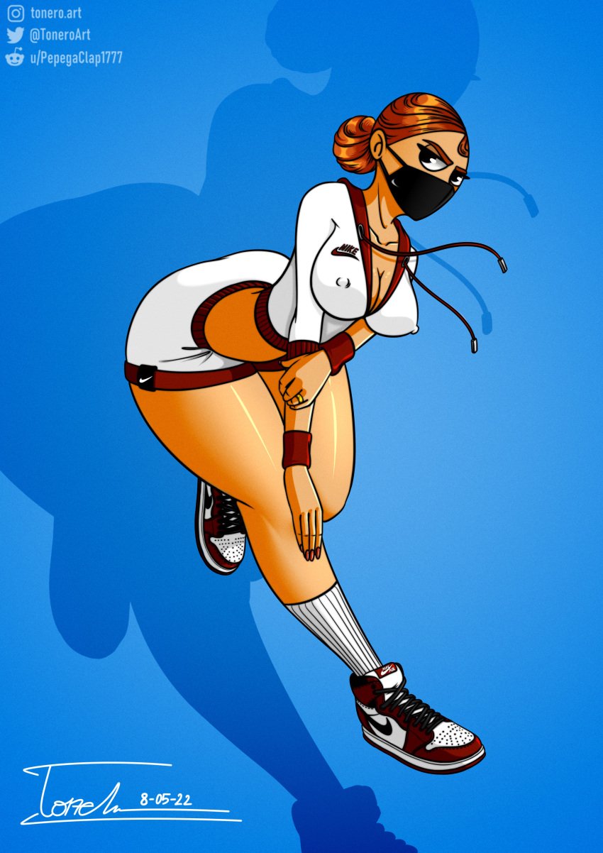 air_jordan angry big_breasts breasts drip hard_nipples hips leaning_forward long_legs nike nipples pe_teacher_(robotboy) pinup poking_out red_hair robotboy short_hair sneakers teacher thick_ass thick_thighs tonero