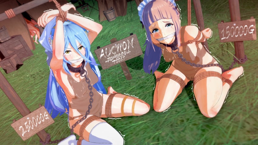 3d 3girls angry aqua_eyes arms_behind_back arms_up asymmetrical_clothes asymmetrical_legwear auction azura_(fire_emblem) background_character bangs bare_legs barefoot blue_eyes blue_hair bondage bound bound_wrists box breasts bucket camp captured chain_leash chains cloth_gag collar completely_nude crying crying_with_eyes_open defeated drooling english_text felicia_(fire_emblem) female female_focus femsub fire_emblem fire_emblem_fates gag glaring grass hair_between_eyes improvised_gag kneeling leash legs long_hair looking_at_viewer maid maid_headdress male maledom medium_breasts melonsoda multiple_girls multiple_subs nintendo nude nude_female outdoors pink_hair ponytail price princess rape restrained revealing_clothes royalty saliva saliva_on_breasts saliva_trail scared sign slave slave_outfit small_breasts stationary_restraints sweat tent text thighhighs very_long_hair yellow_eyes